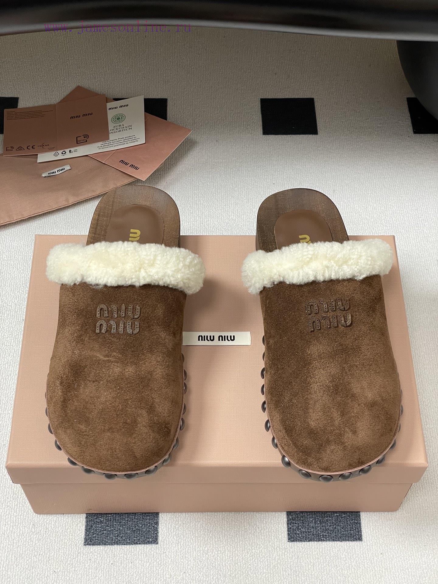 25ss Autumn/Winter Fashion MIUMIU Solid Wood Bottom Wool Half Slippers Thick Soled Mueller Shoe lnxoehmk - Image 6
