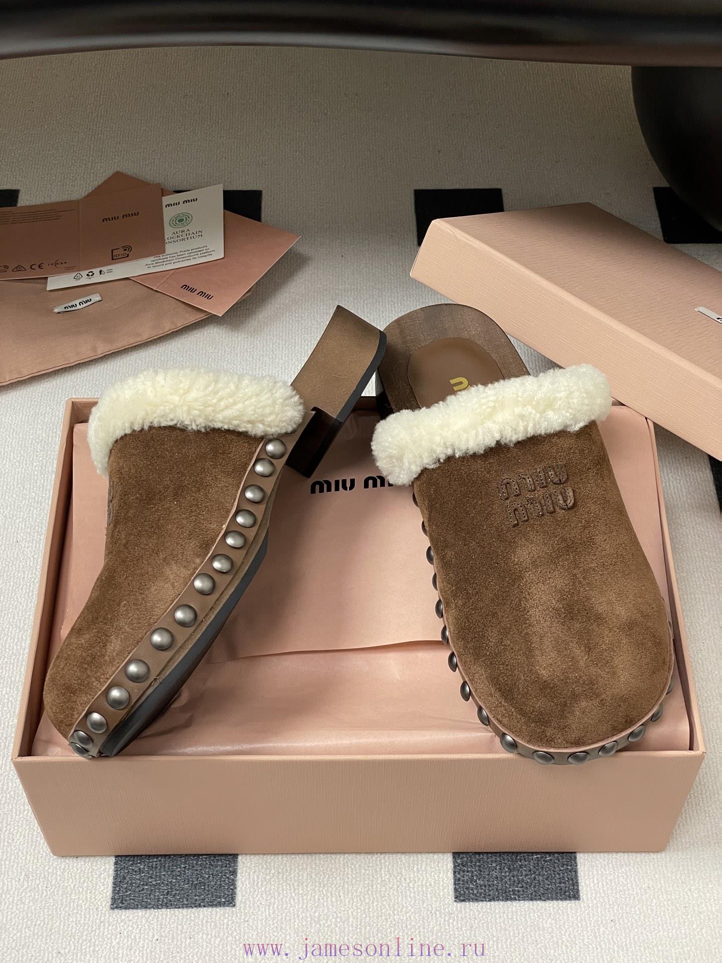 25ss Autumn/Winter Fashion MIUMIU Solid Wood Bottom Wool Half Slippers Thick Soled Mueller Shoe lnxoehmk - Image 7