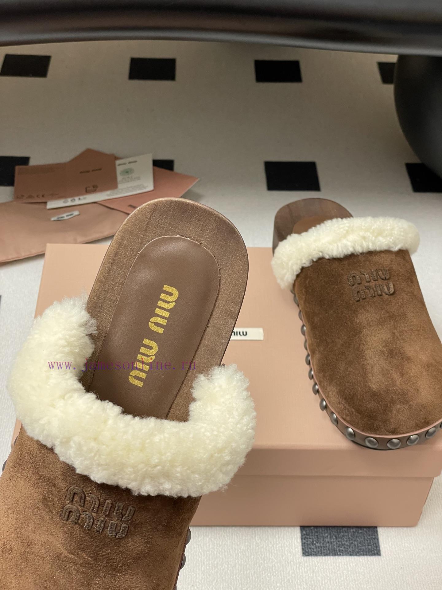 25ss Autumn/Winter Fashion MIUMIU Solid Wood Bottom Wool Half Slippers Thick Soled Mueller Shoe lnxoehmk - Image 8