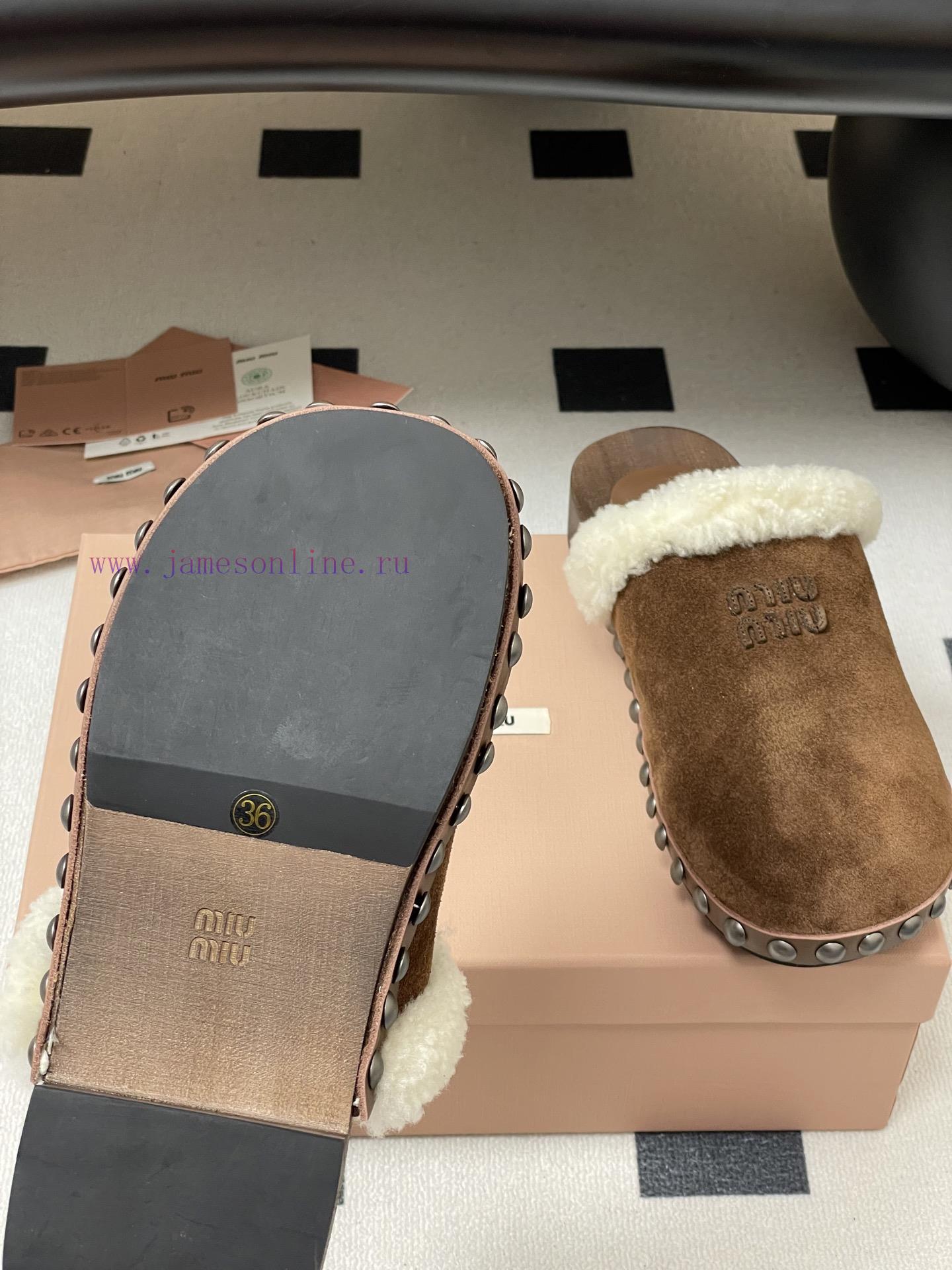 25ss Autumn/Winter Fashion MIUMIU Solid Wood Bottom Wool Half Slippers Thick Soled Mueller Shoe lnxoehmk - Image 9